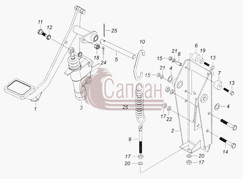 6520-1602008 Педаль сцепления с кронштейном и главным цилиндромКамАЗ-43261 (Евро-1, 2)