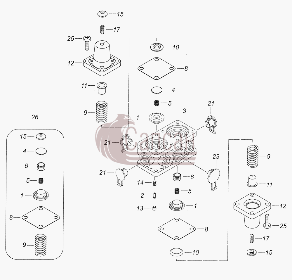 53205-3515400-10 Клапан защитный четырехконтурныйКамАЗ-43261 (Евро-1, 2)