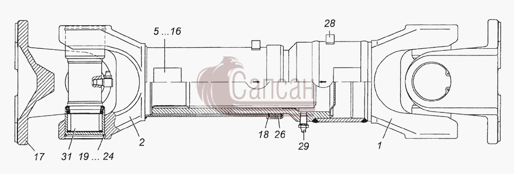 6350-2205011-10 Вал карданный среднего моста в сборе (сварка)КамАЗ 4350 4х4