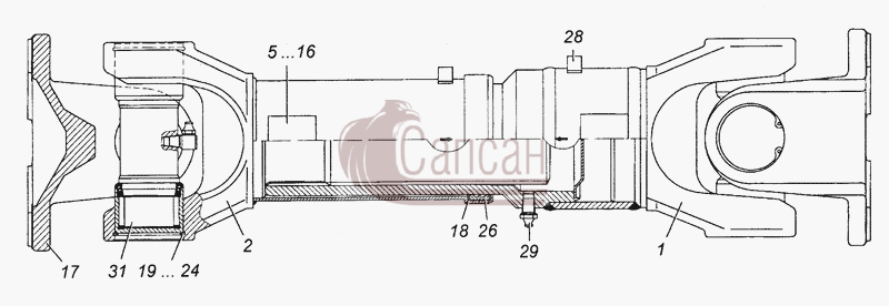 6350-2205011-10 Вал карданный среднего моста в сборе (сварка)КамАЗ 53501 6х6